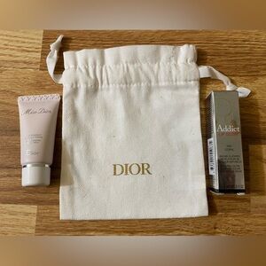 Dior Small White Drawstring Pouch with Miss Dior Body Milk /Addict Lip Glow New